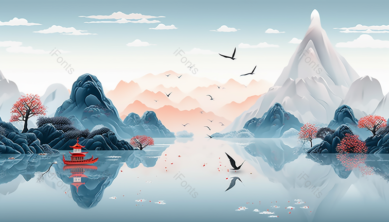 蓝色意境山水画,插画/手绘图,插画/手绘图库,插画/手绘图下载,插画/手绘